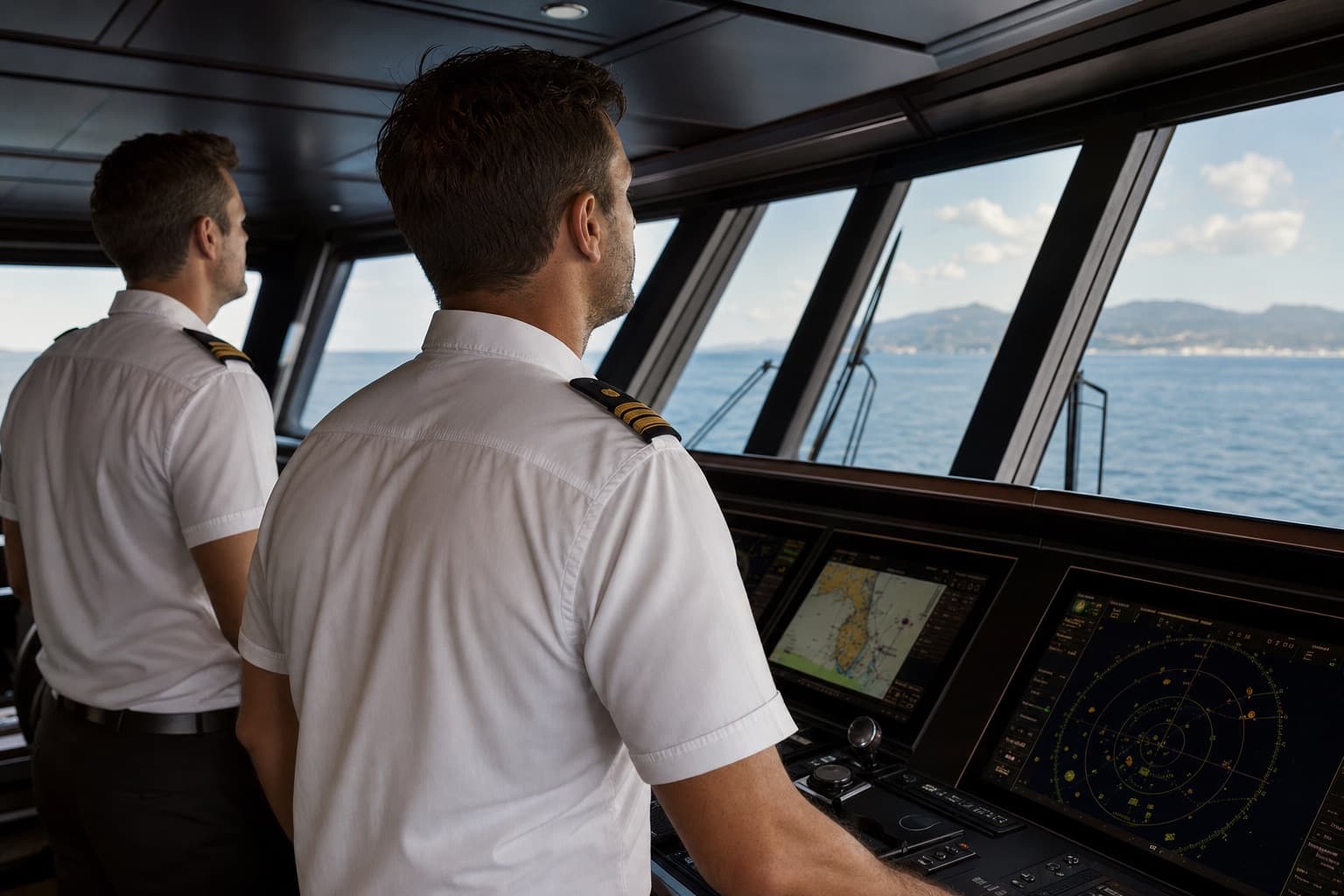 Two crew at the wheelhouse on the bridge