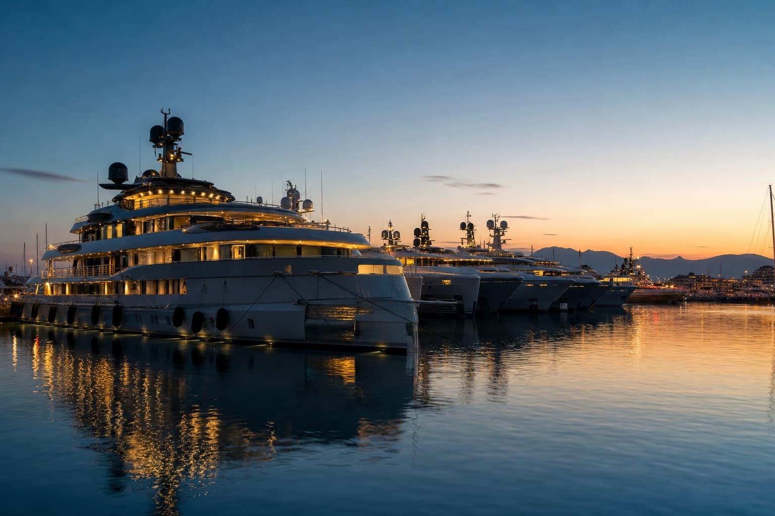 A marina of superyachts at dusk