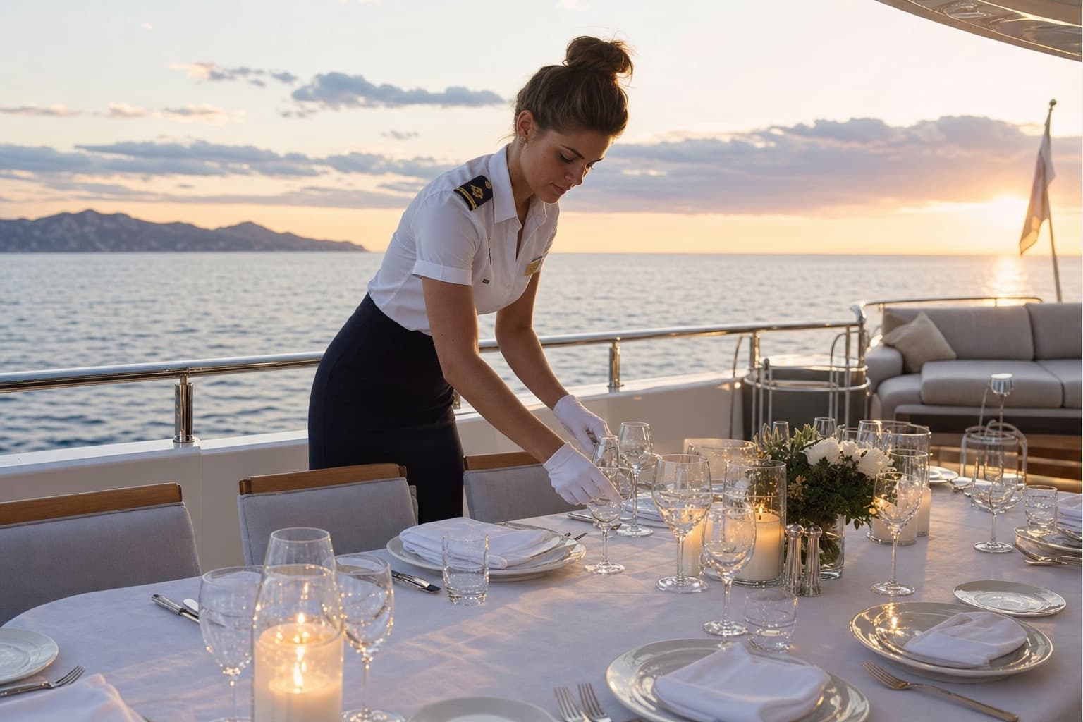 A uniformed steward at a laid table